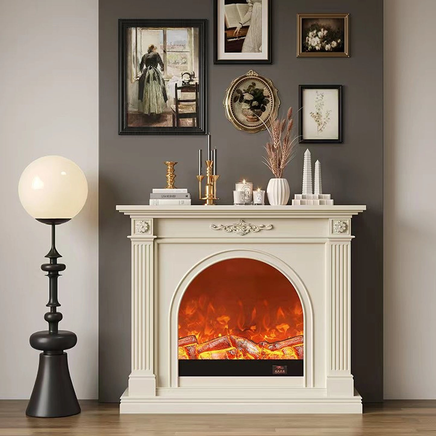 Aihm-Lon Tall Electric Fireplace Includes White Carved Design & Large Countertop 47”-79”