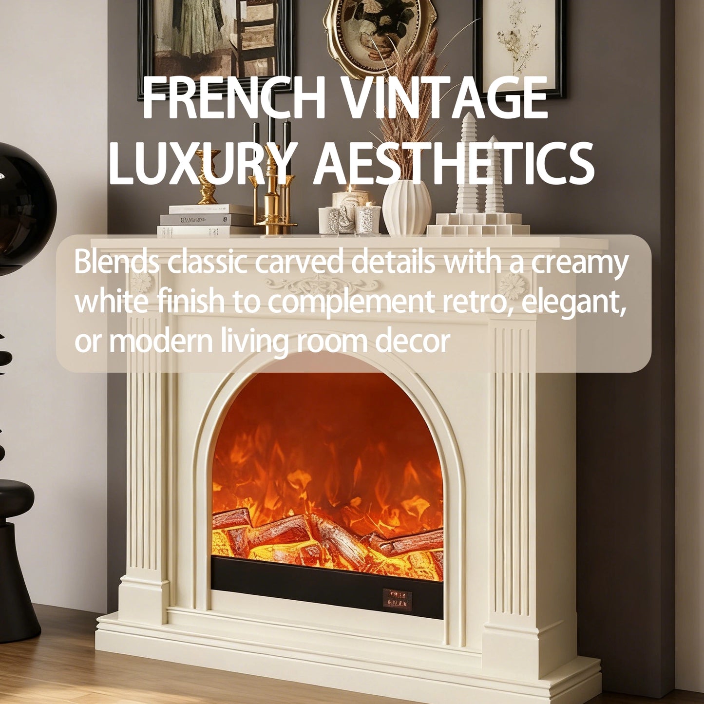 Aihm-Lon Tall Electric Fireplace Includes White Carved Design & Large Countertop 47”-79”