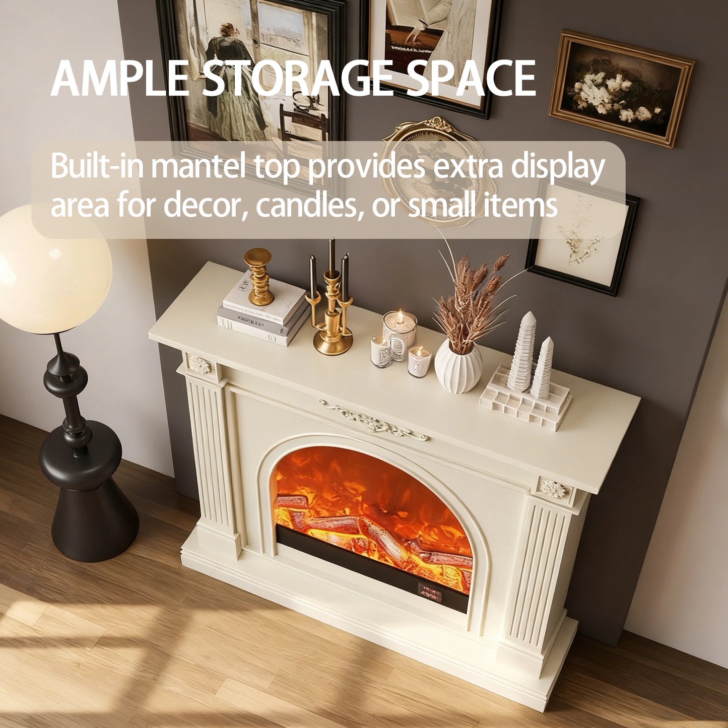 Aihm-Lon Tall Electric Fireplace Includes White Carved Design & Large Countertop 47”-79”