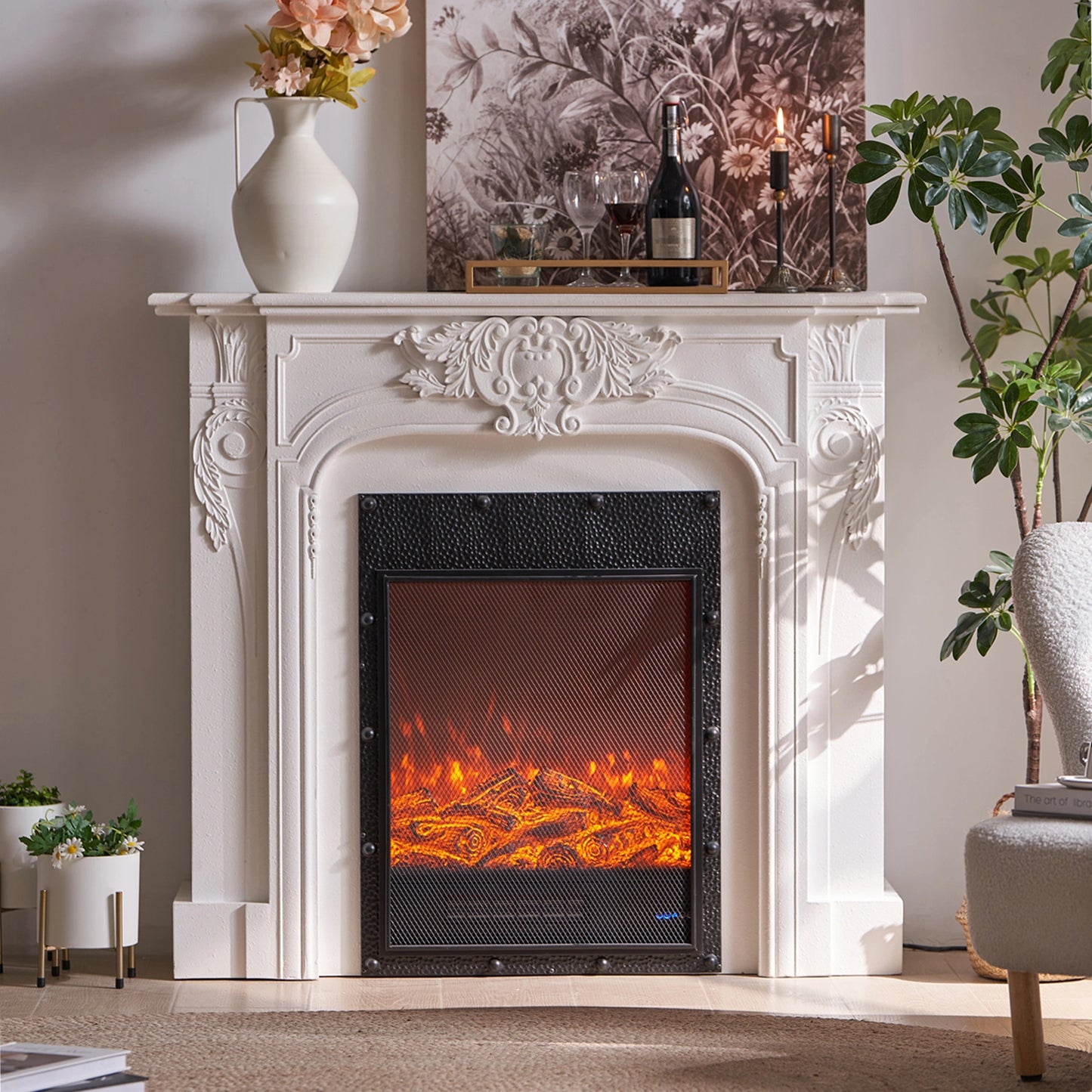 Aihm-Lon Electric Fireplace Includes Vintage Cover and White Matte Carving 47”