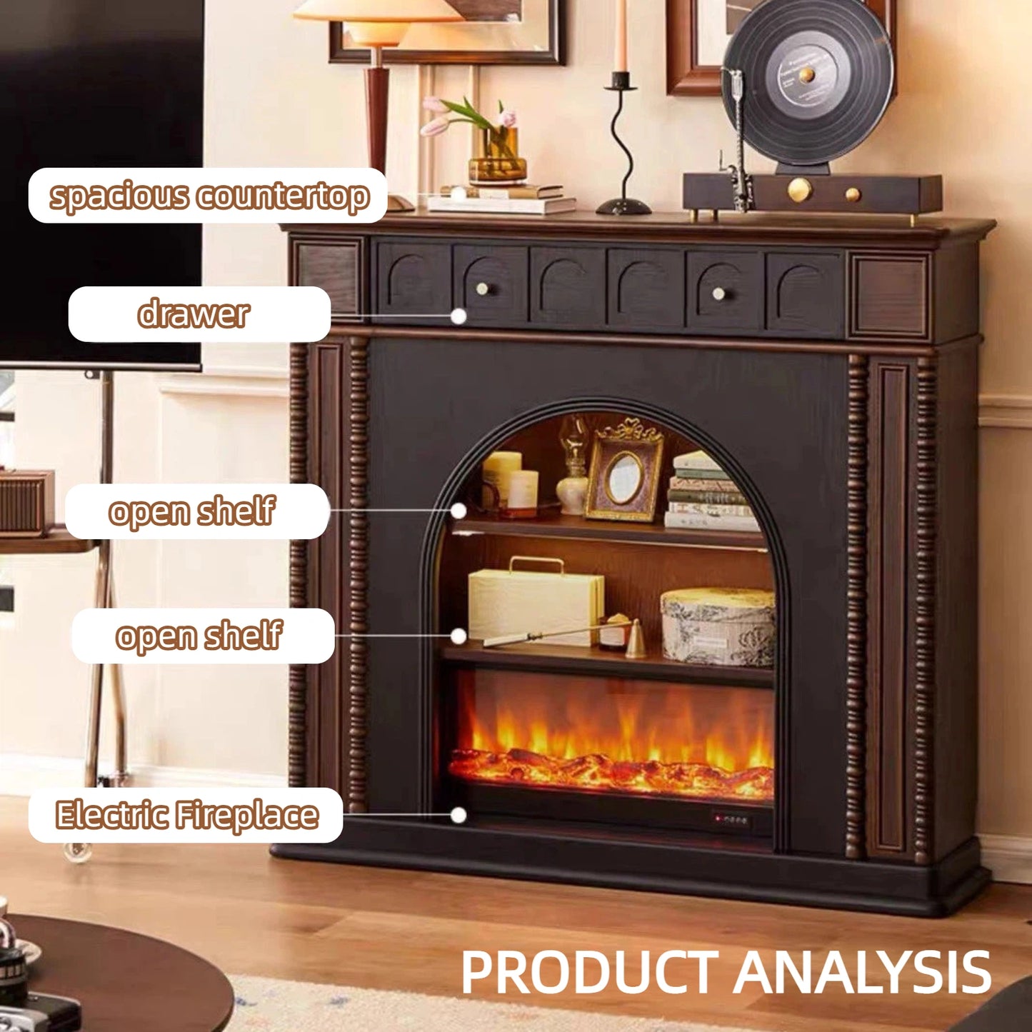 Aihm-Lon Electric Fireplace with Open Shelf & Brown Storage Drawer 47”