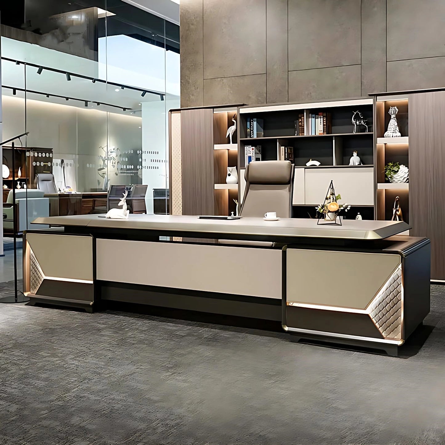 Aihm-Lon Luxury Executive Desk with Champagne Unique Pattern 78.7"-141.7"