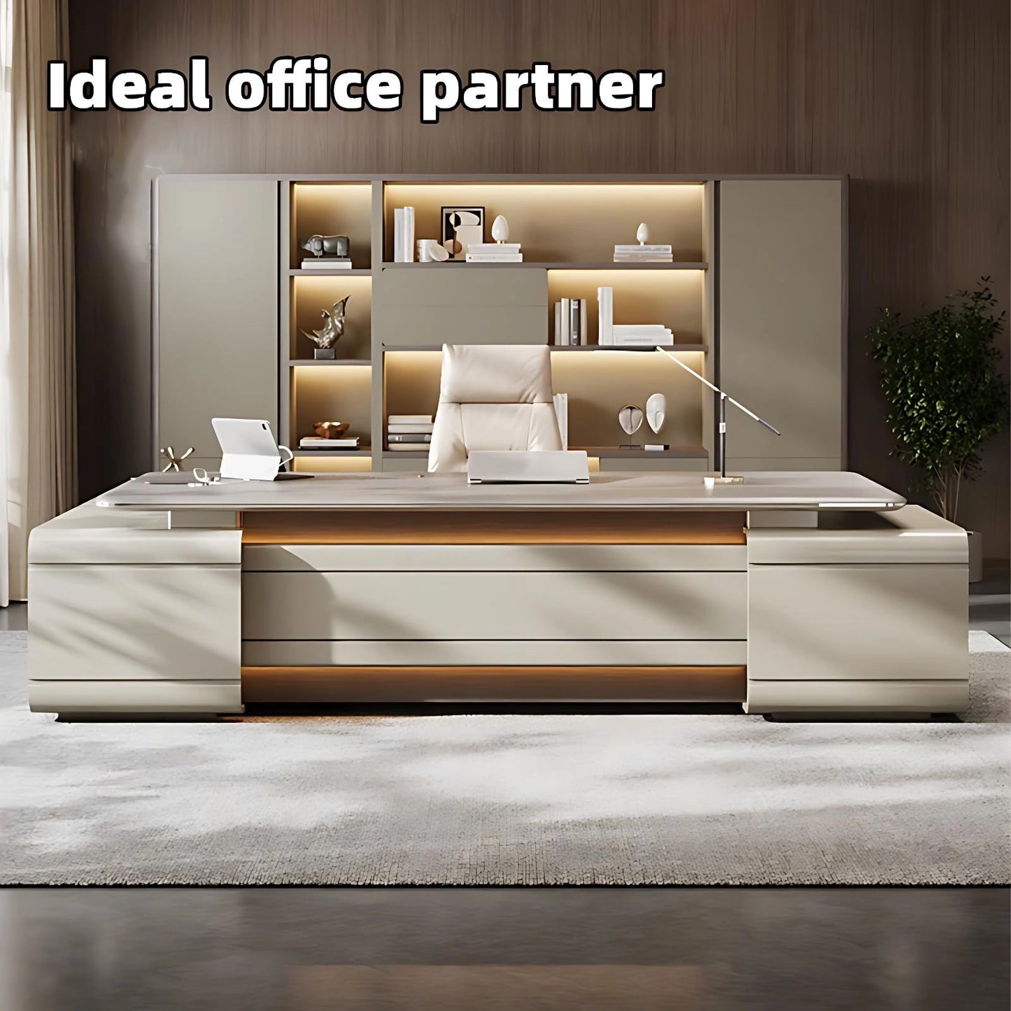 Aihm-Lon Beige Executive Desk with Elegant & Luxe Minimalism 78.7"-141.7"