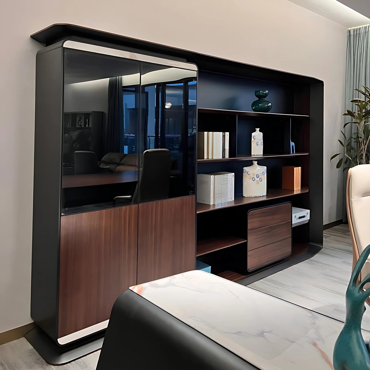 Aihm-Lon High-Grade Executive Desk with Asymmetrical Wood Table Leg 78.7"-141.7"