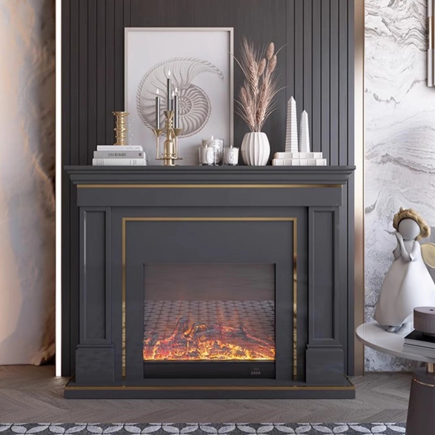 Aihm-Lon American Electric Fireplace Light Luxury Style Golden Border Design 59”