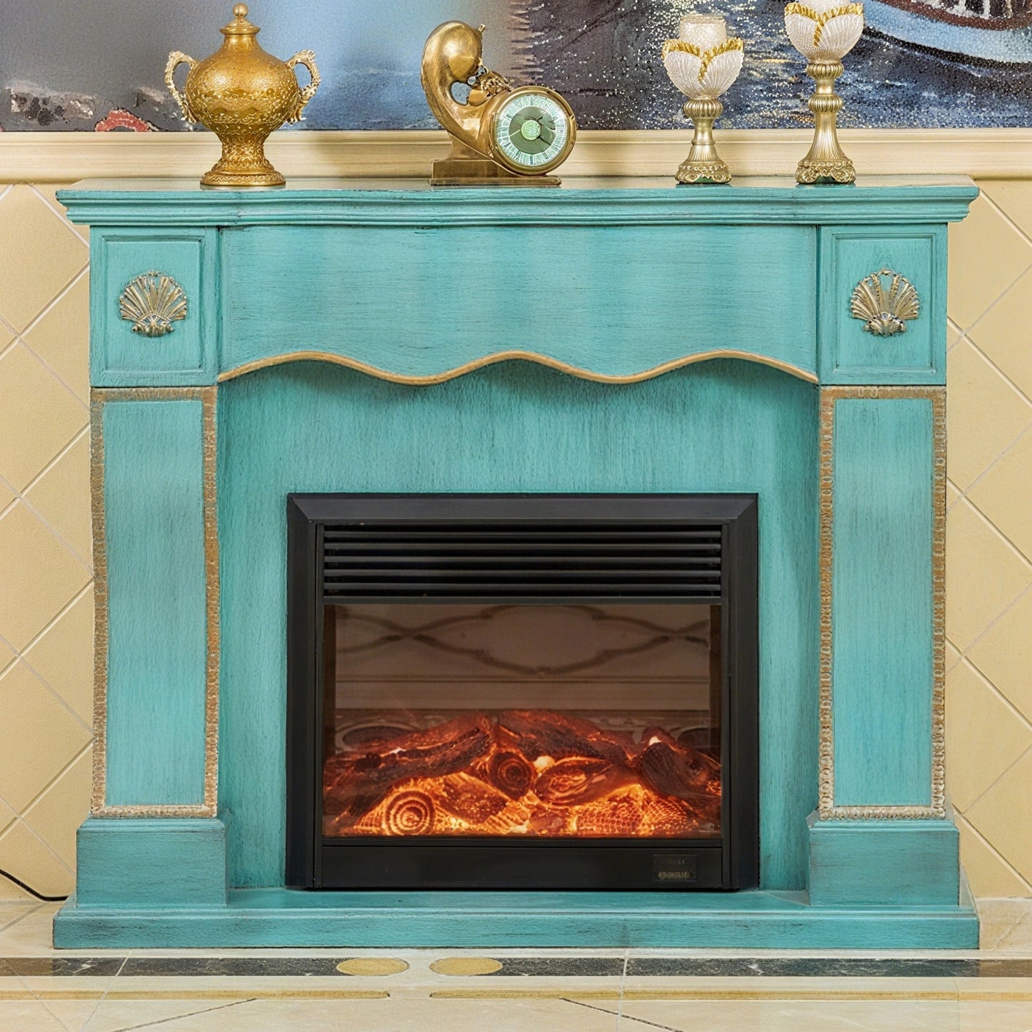 Aihm-Lon White Electric Fireplace with Wavy Border Design 59”