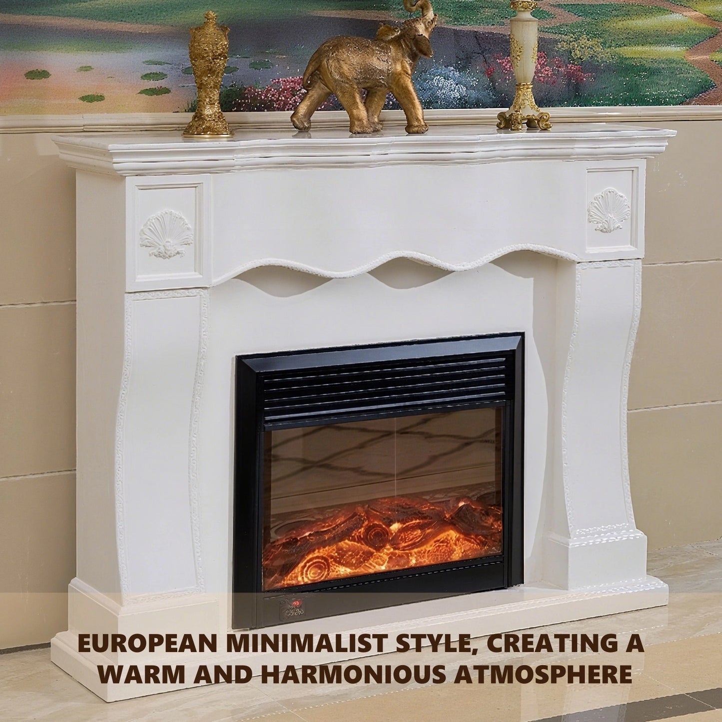 Aihm-Lon White Electric Fireplace with Wavy Border Design 59”