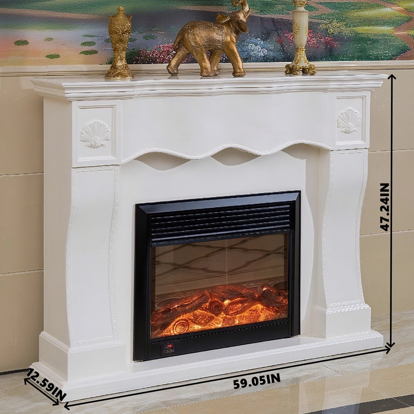 Aihm-Lon White Electric Fireplace with Wavy Border Design 59”