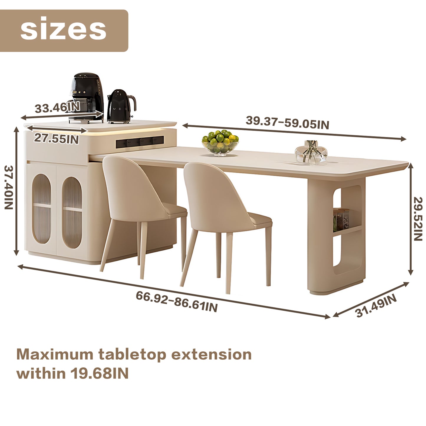 Aihm-Lon Kitchen Island with Storage Extendable Dining Table 86.61"-102.36"