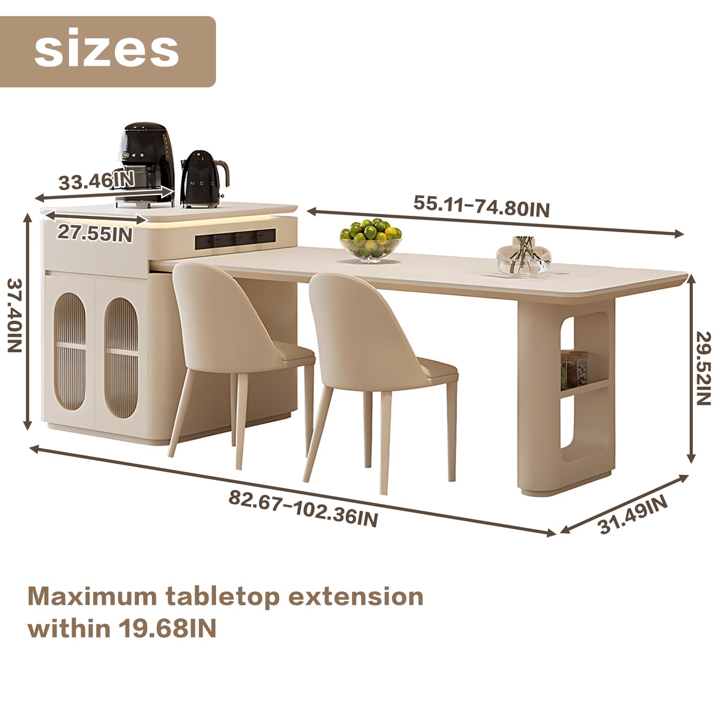 Aihm-Lon Kitchen Island with Storage Extendable Dining Table 86.61"-102.36"