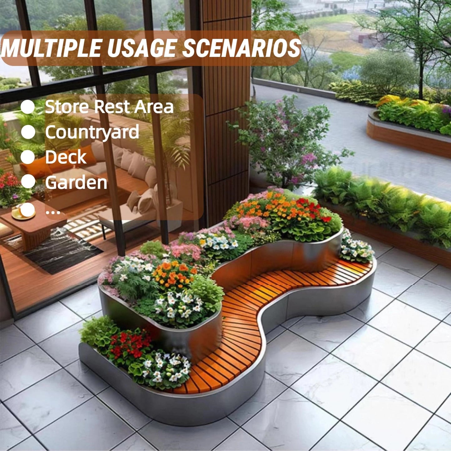 Aihm-Lon Landscape Bench Outdoor Bench with Large Flower Box for Courtyard Terrace Cafe 70.87"