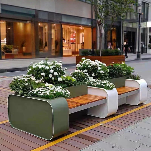 Aihm-Lon Landscape Bench with Green Multiple Flower Box for Cafe Courtyard 55.12"