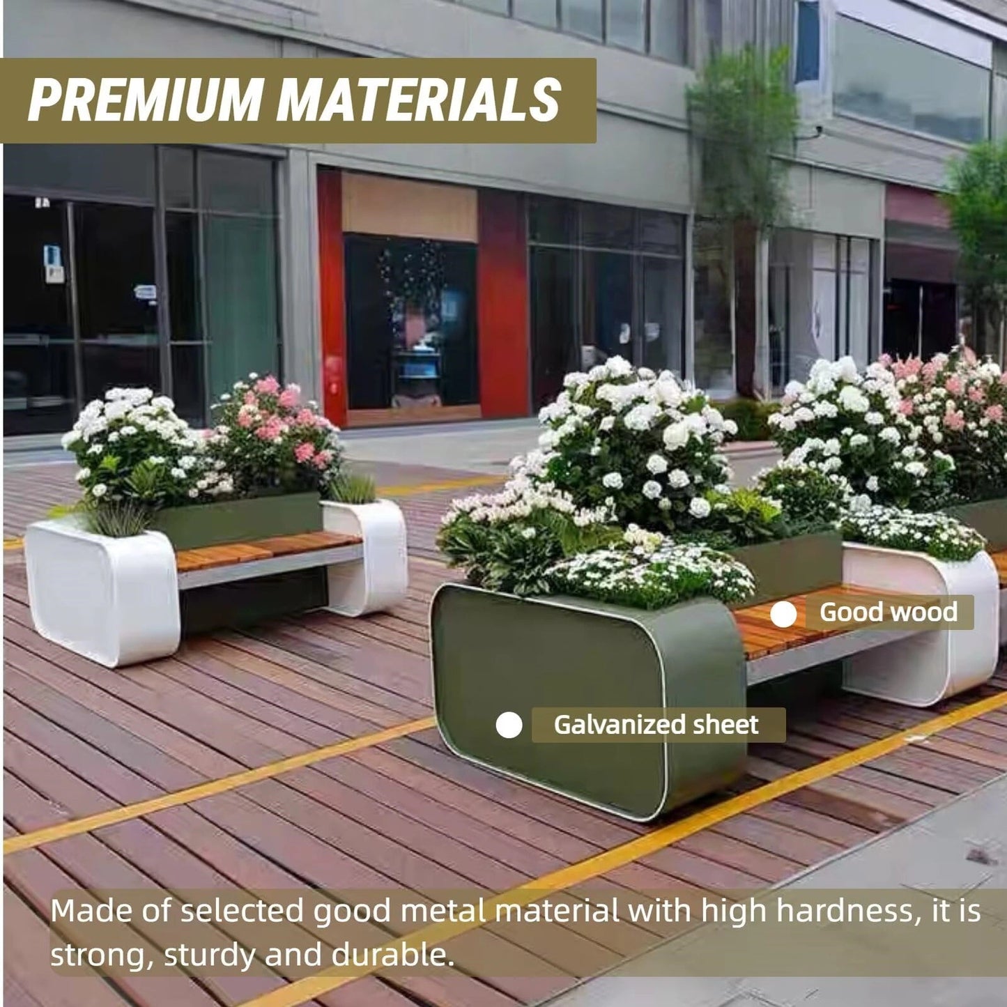 Aihm-Lon Landscape Bench with Green Multiple Flower Box for Cafe Courtyard 55.12"