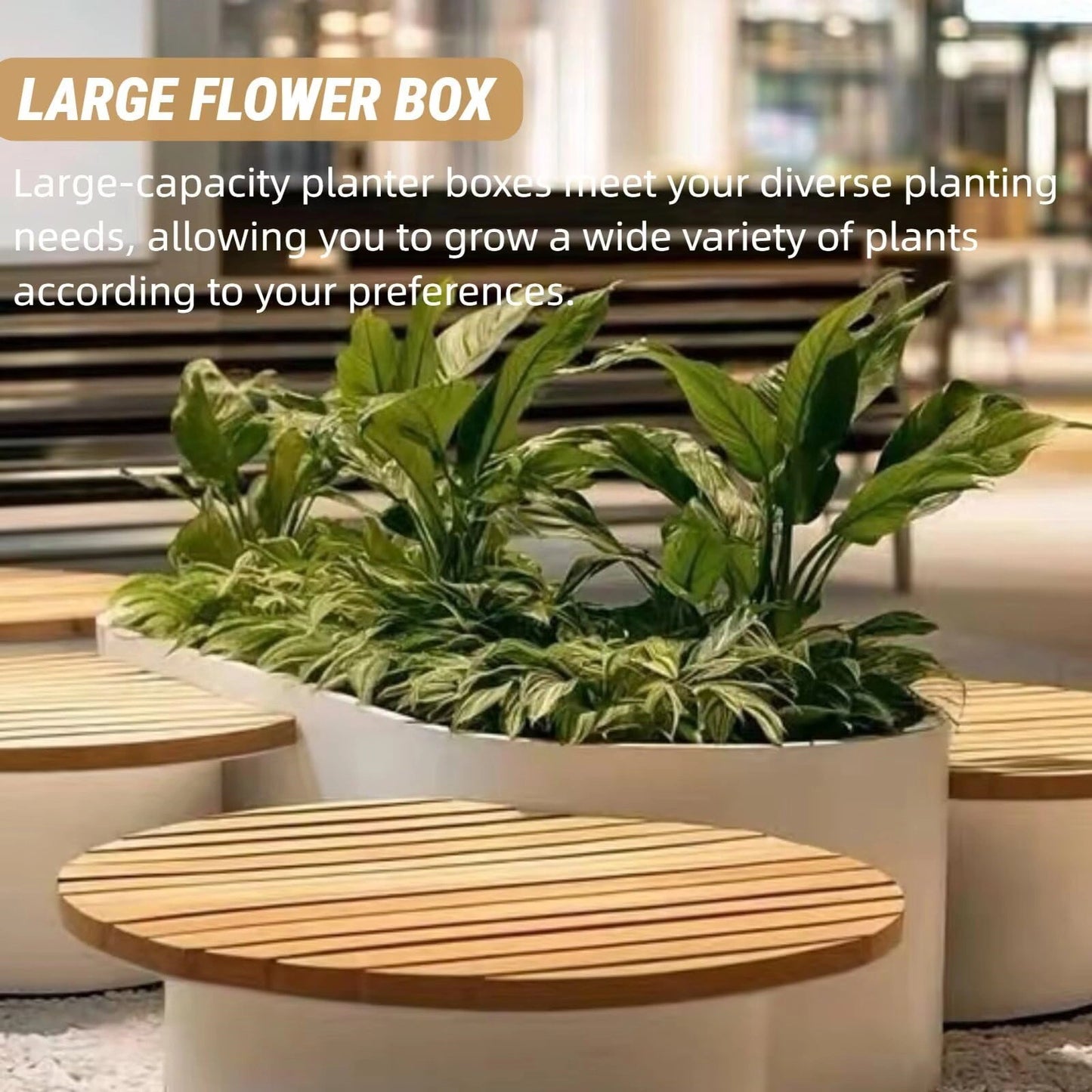 Aihm-Lon Landscape Bench with White Integrated Planter Box and Round Seats for Lobby 63"-71"