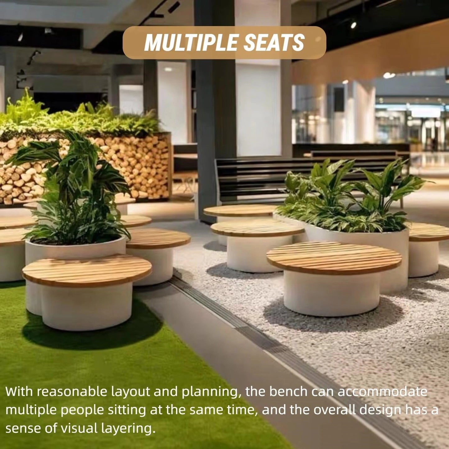 Aihm-Lon Landscape Bench with White Integrated Planter Box and Round Seats for Lobby 63"-71"