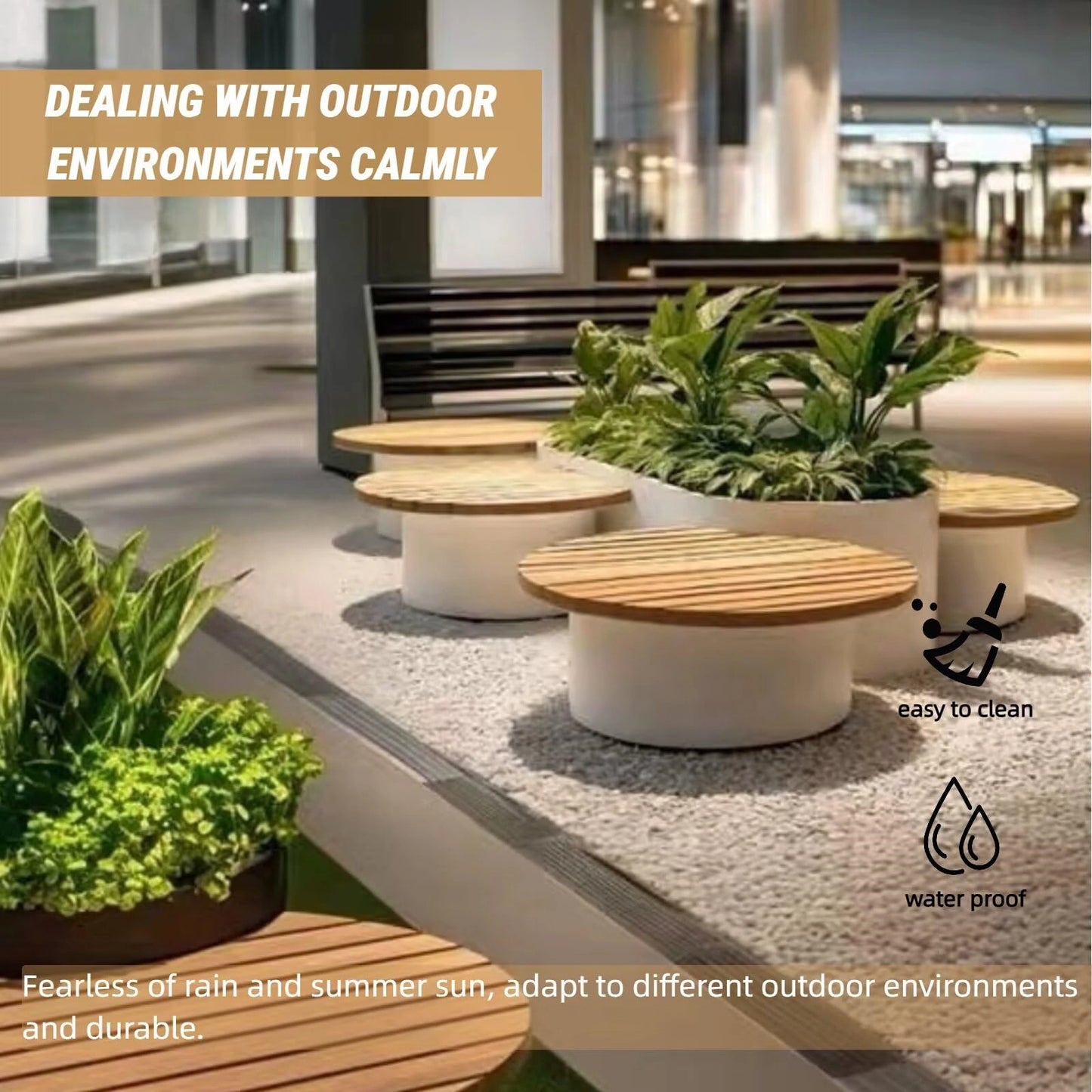 Aihm-Lon Landscape Bench with White Integrated Planter Box and Round Seats for Lobby 63"-71"