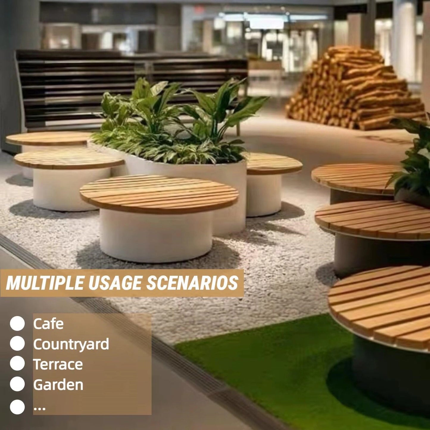 Aihm-Lon Landscape Bench with White Integrated Planter Box and Round Seats for Lobby 63"-71"
