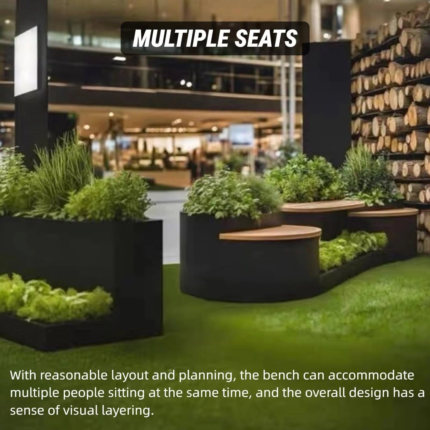 Aihm-Lon Landscape Bench with Black Integrated Planter Box Multiple Seats for Cafe Lobby Courtyard 62.99"-78.74"