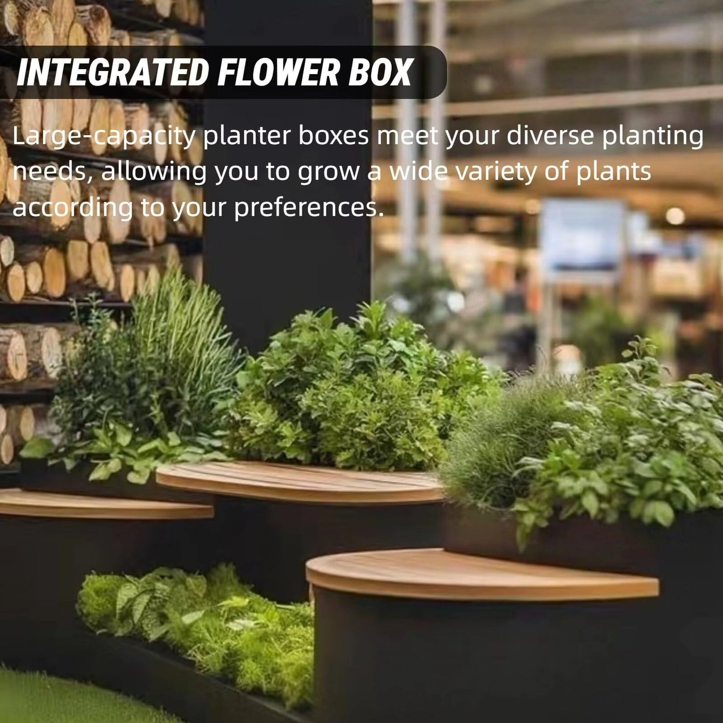 Aihm-Lon Landscape Bench with Black Integrated Planter Box Multiple Seats for Cafe Lobby Courtyard 62.99"-78.74"