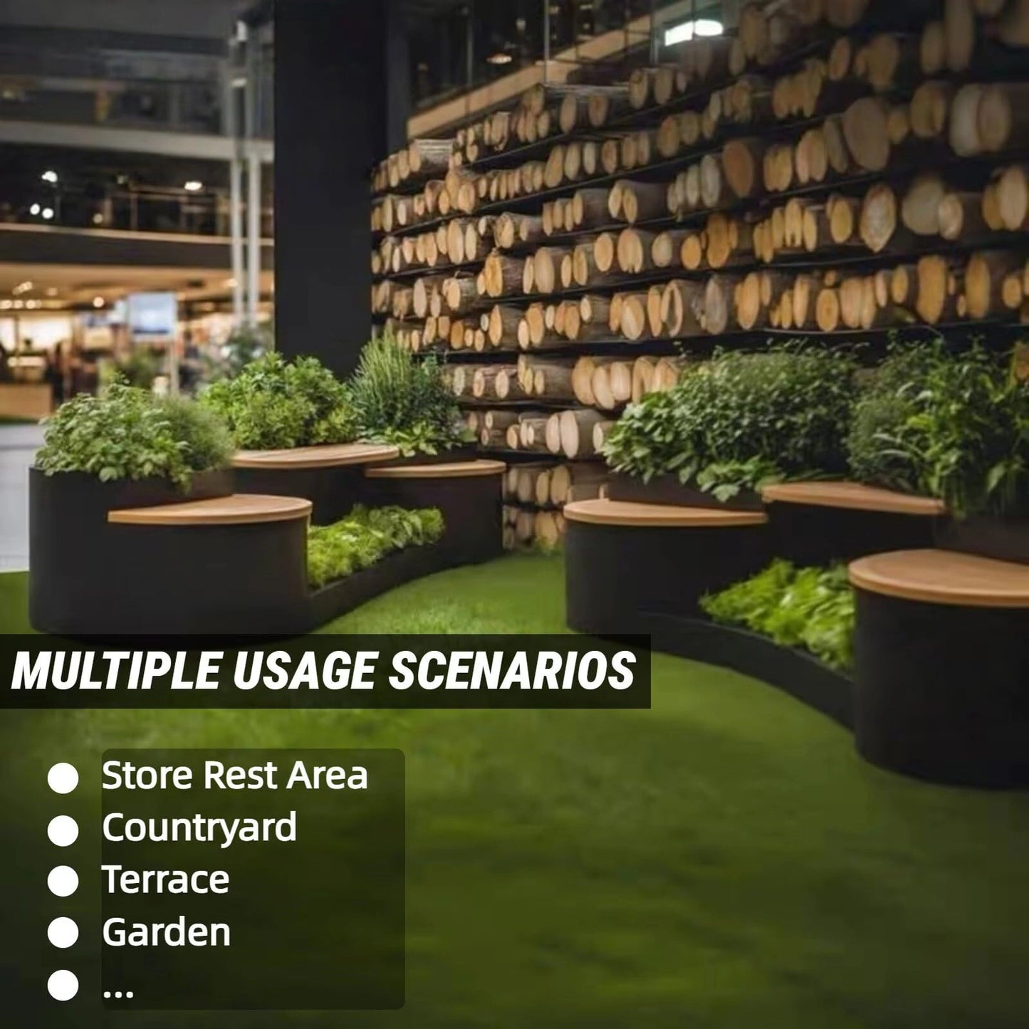 Aihm-Lon Landscape Bench with Black Integrated Planter Box Multiple Seats for Cafe Lobby Courtyard 62.99"-78.74"