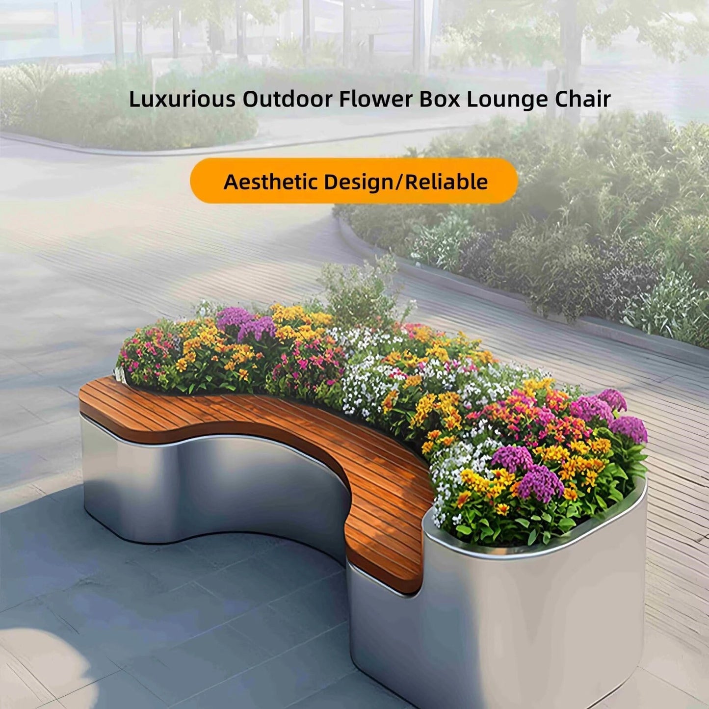 Aihm-Lon Landscape Bench  with Unique Curved Flower Box Design for Park Courtyard Pedestrian Mall 70.86" - 86.61"