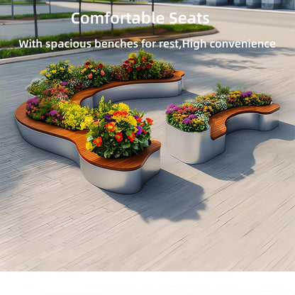 Aihm-Lon Landscape Bench  with Unique Curved Flower Box Design for Park Courtyard Pedestrian Mall 70.86" - 86.61"