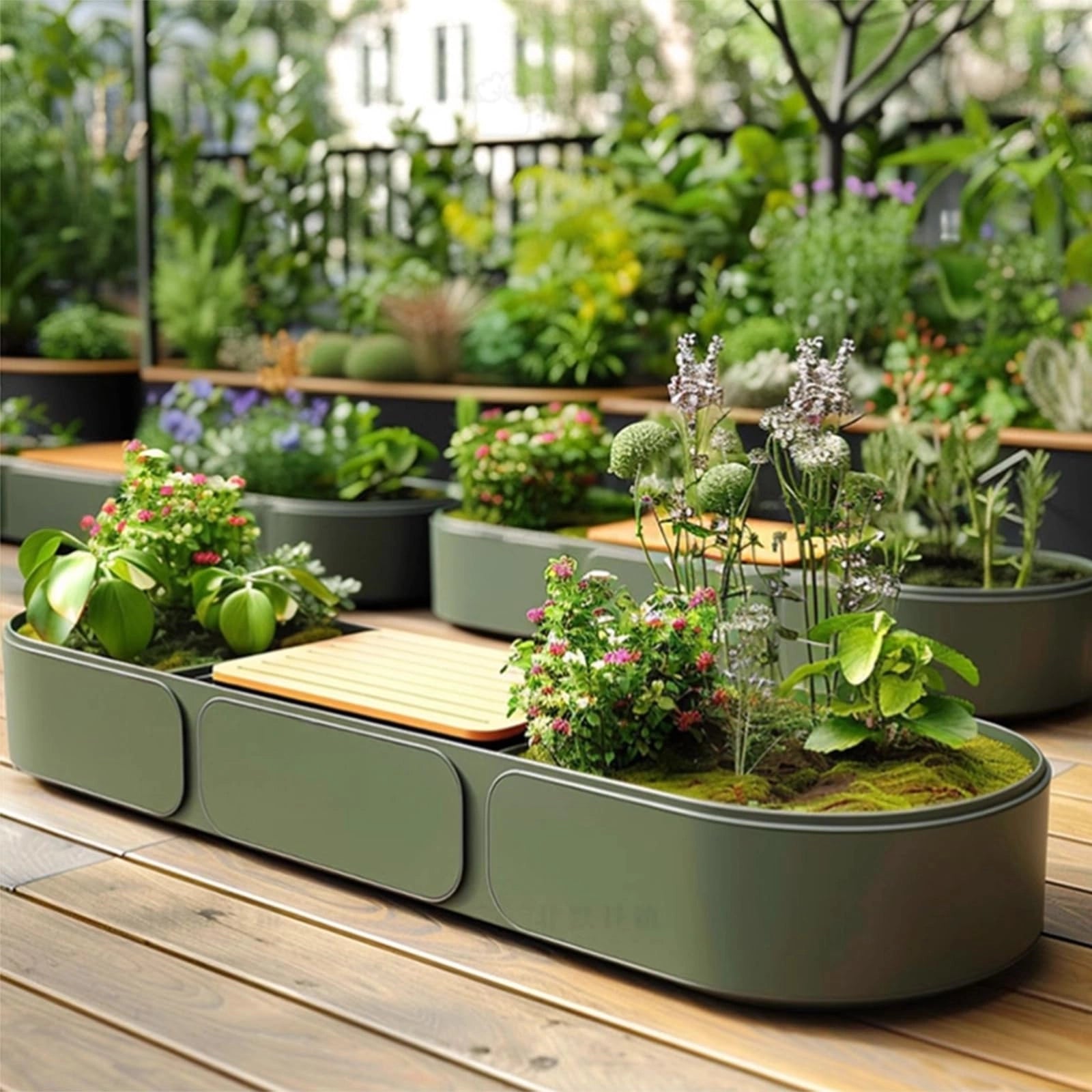 Aihm-Lon Landscape Bench with Green Planter Box and Comfortable Wooden ...