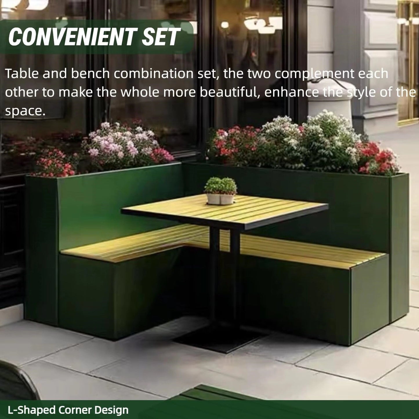 Aihm-Lon Landscape Bench  with Green L-shaped Flower Box and Table 70.87"