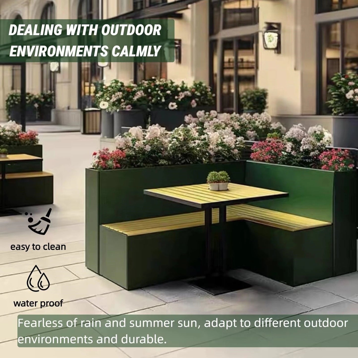 Aihm-Lon Landscape Bench  with Green L-shaped Flower Box and Table 70.87"