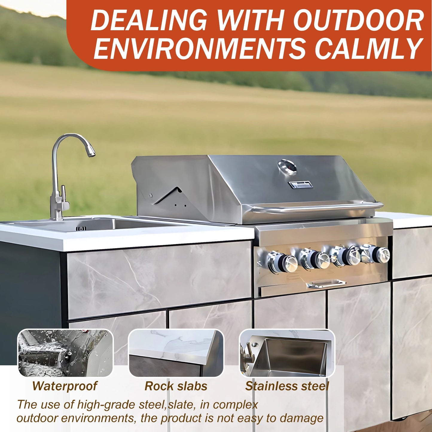 Aihm-Lon Grey Outdoor Storage Cabinets with BBQ and Slate Countertop 71''