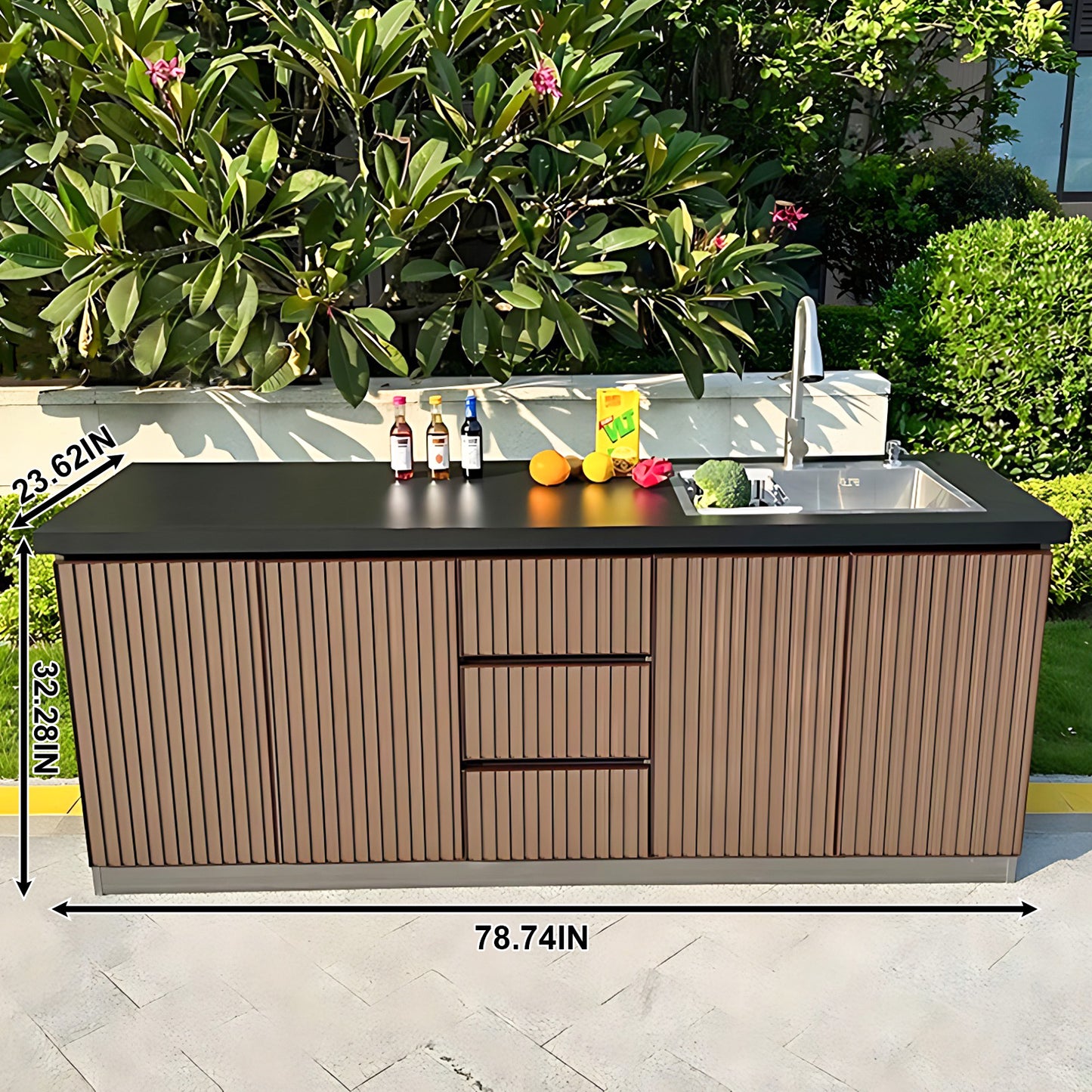 Aihm-Lon Outdoor Kitchen Cabinets with Black Countertop Sink 78.74"-86.61"