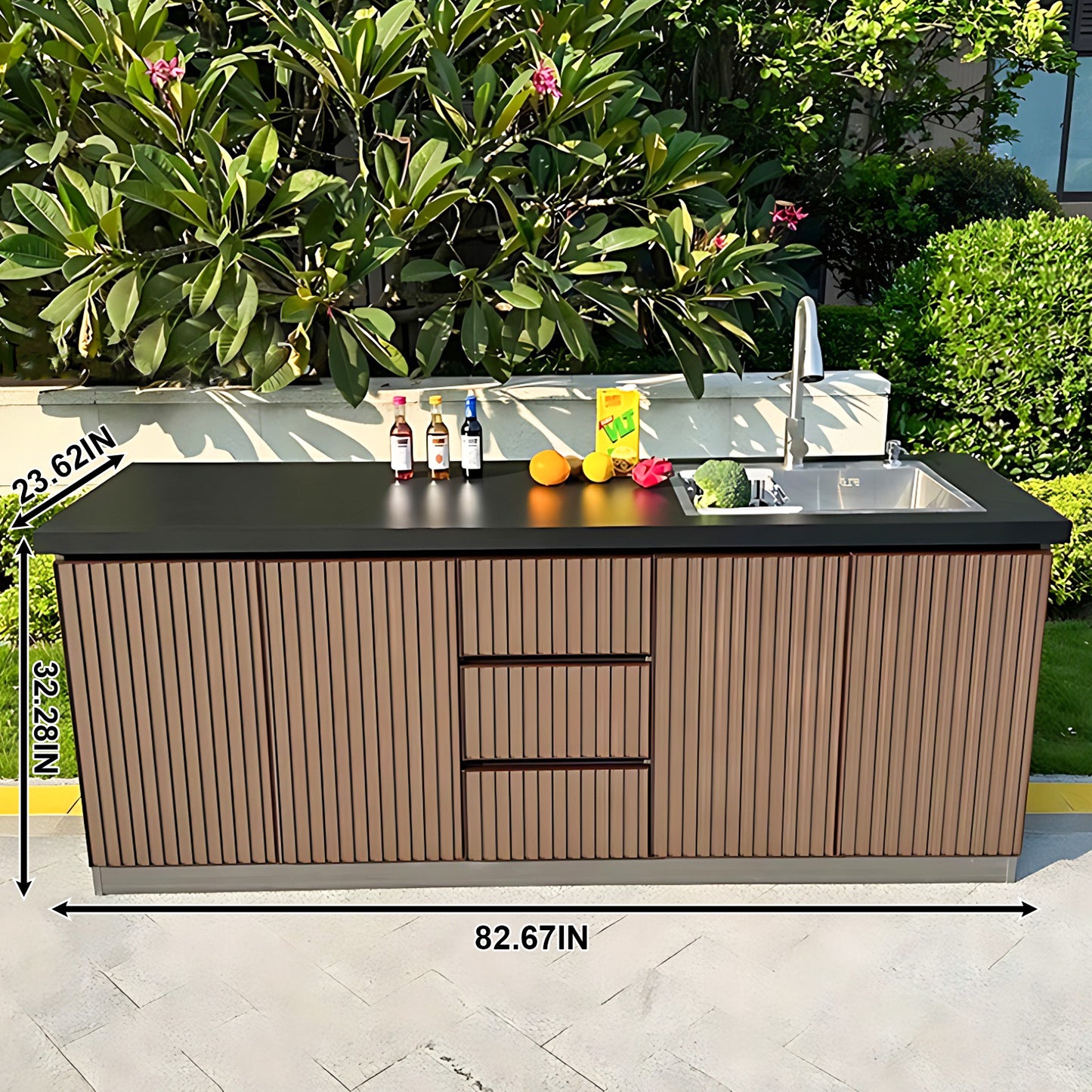 Aihm-Lon Outdoor Kitchen Cabinets with Black Countertop Sink 78.74"-86.61"