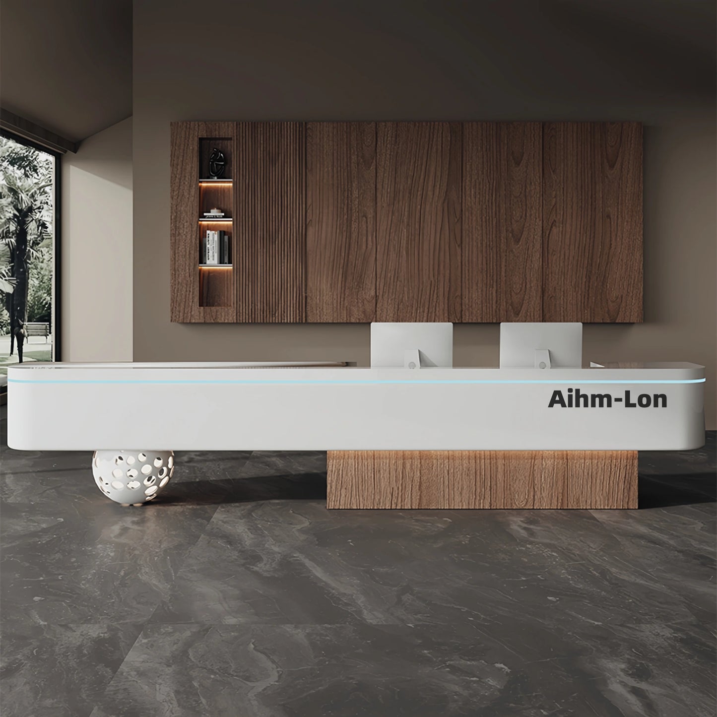 Aihm-Lon Reception Desk with Unique Spherical Design for Hotel Lobby 71"-110"