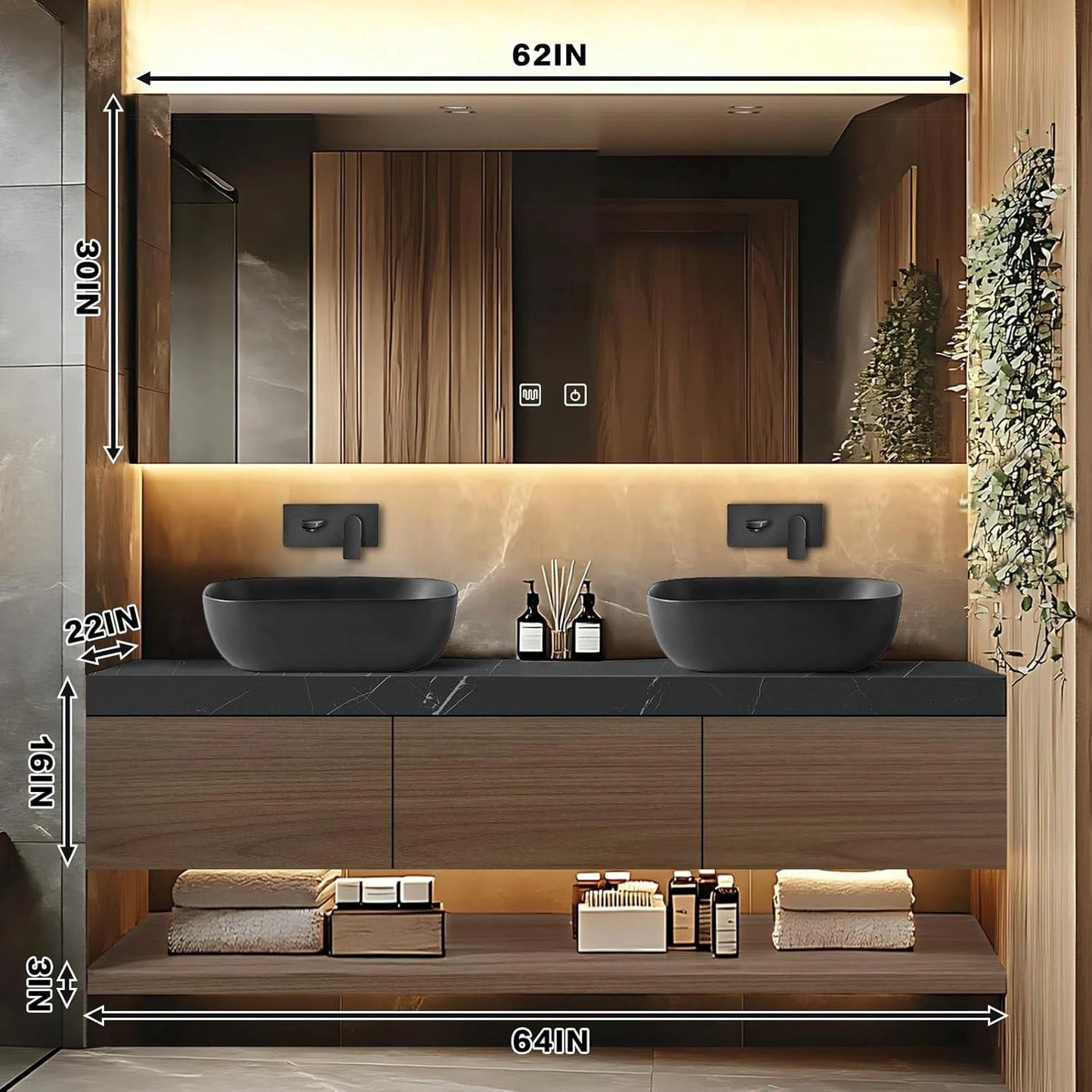 60"-96"Floating Bathroom Vanity with Double Sinks Includes Grey Sink & Wood Grain Cabinet