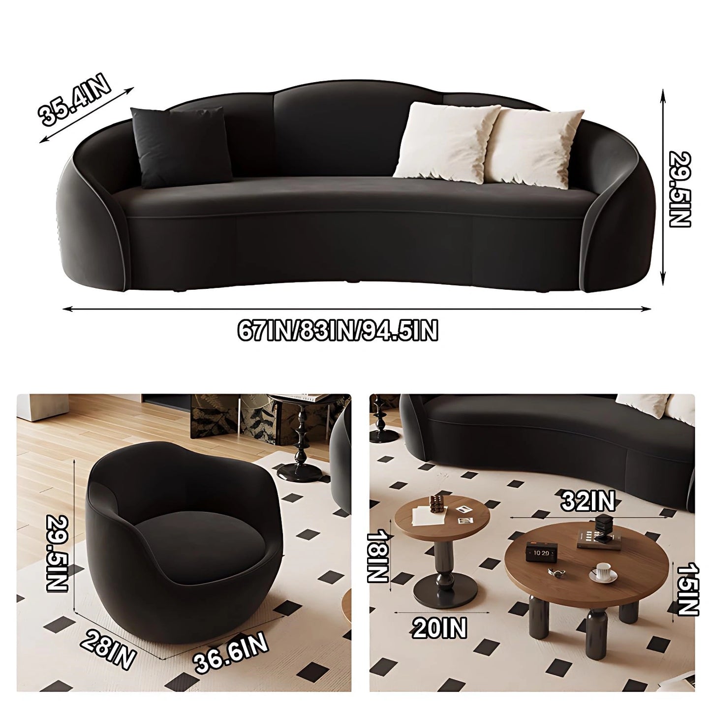 Aihm-Lon Commercial Black Sectional Sofa Set with Table and Chair 67"-94.5"