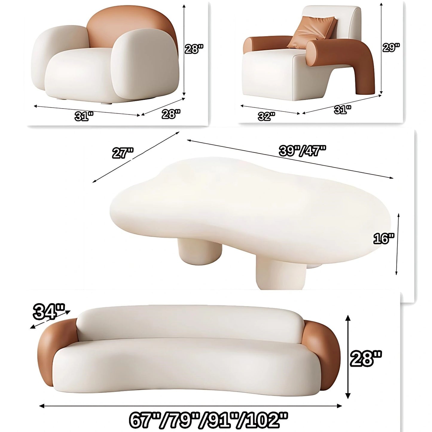 Aihm-Lon Commercial Grade Sectional Sofa Set Cream Couches wih Table and Chair 67" -102"
