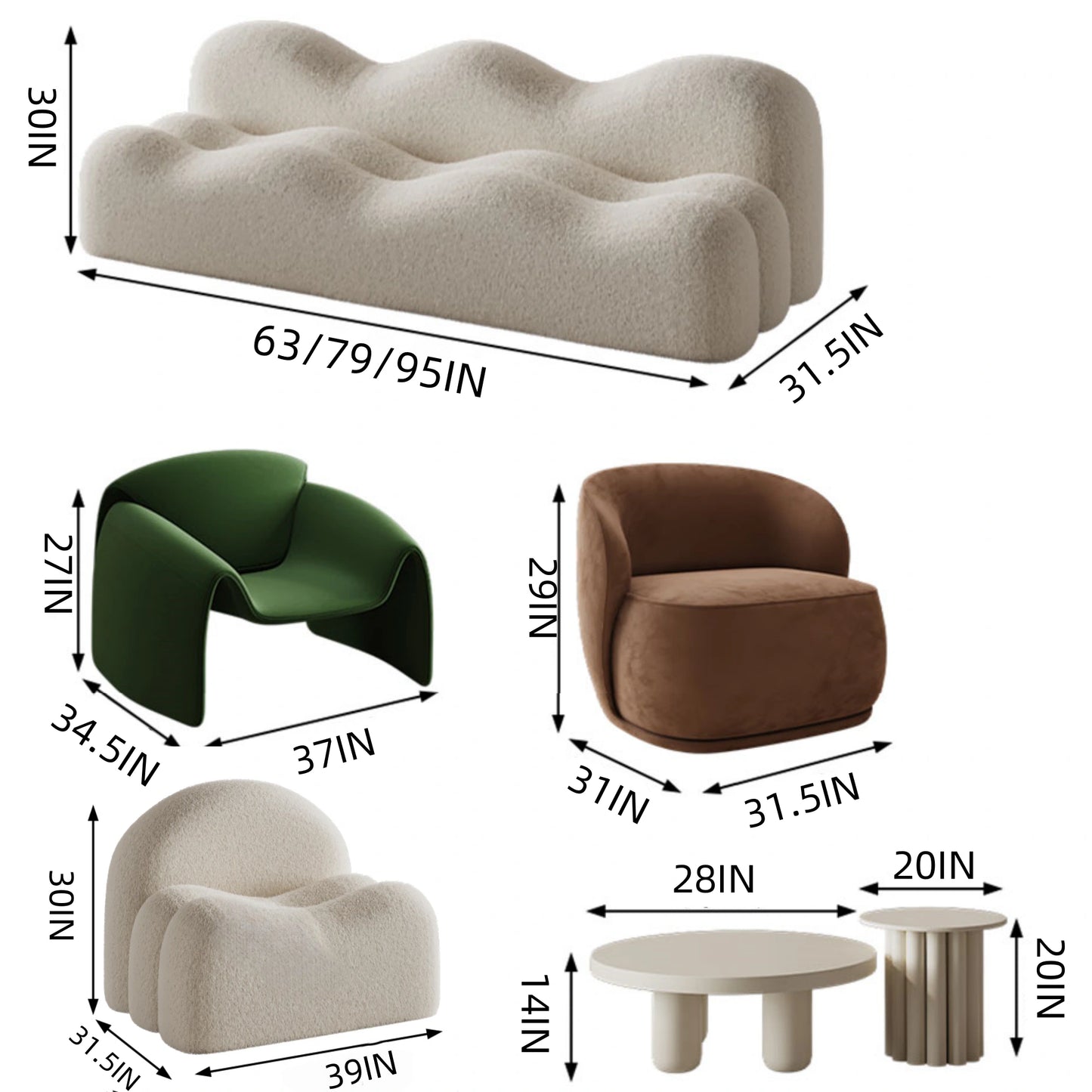 Aihm-Lon Commercial Cream-Style Sofa Set with Coffee Table and Chairs for Small Spaces 63"-95"