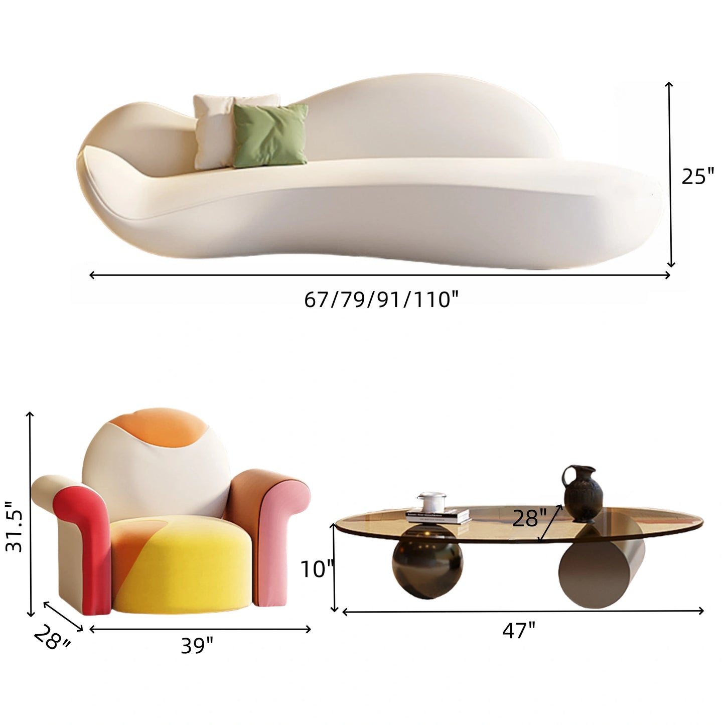 Aihm-Lon Commercial Creative Design Sofa Set with Coffee Table and Chairs 67"-110"