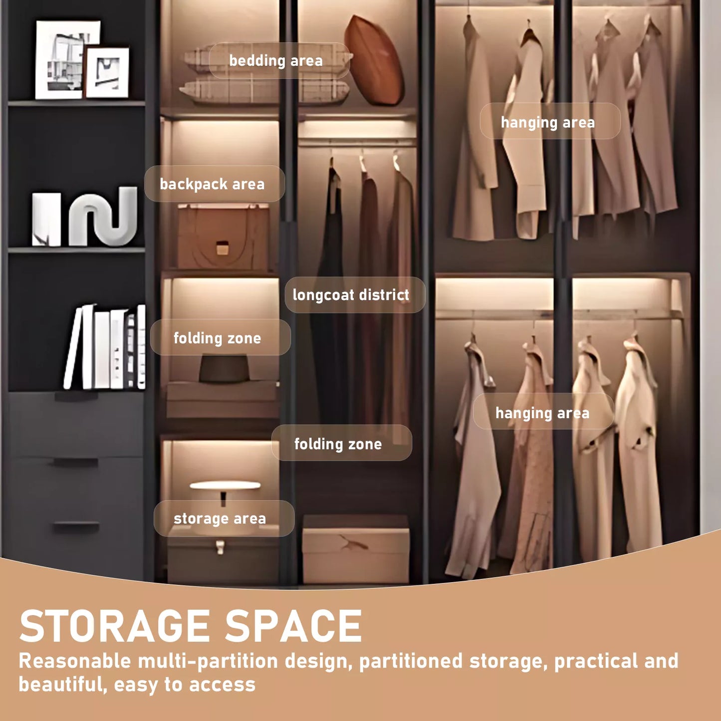 Aihm-Lon Wardrobes with Glass Doors Storage Shelves and Drawers 71"-79"