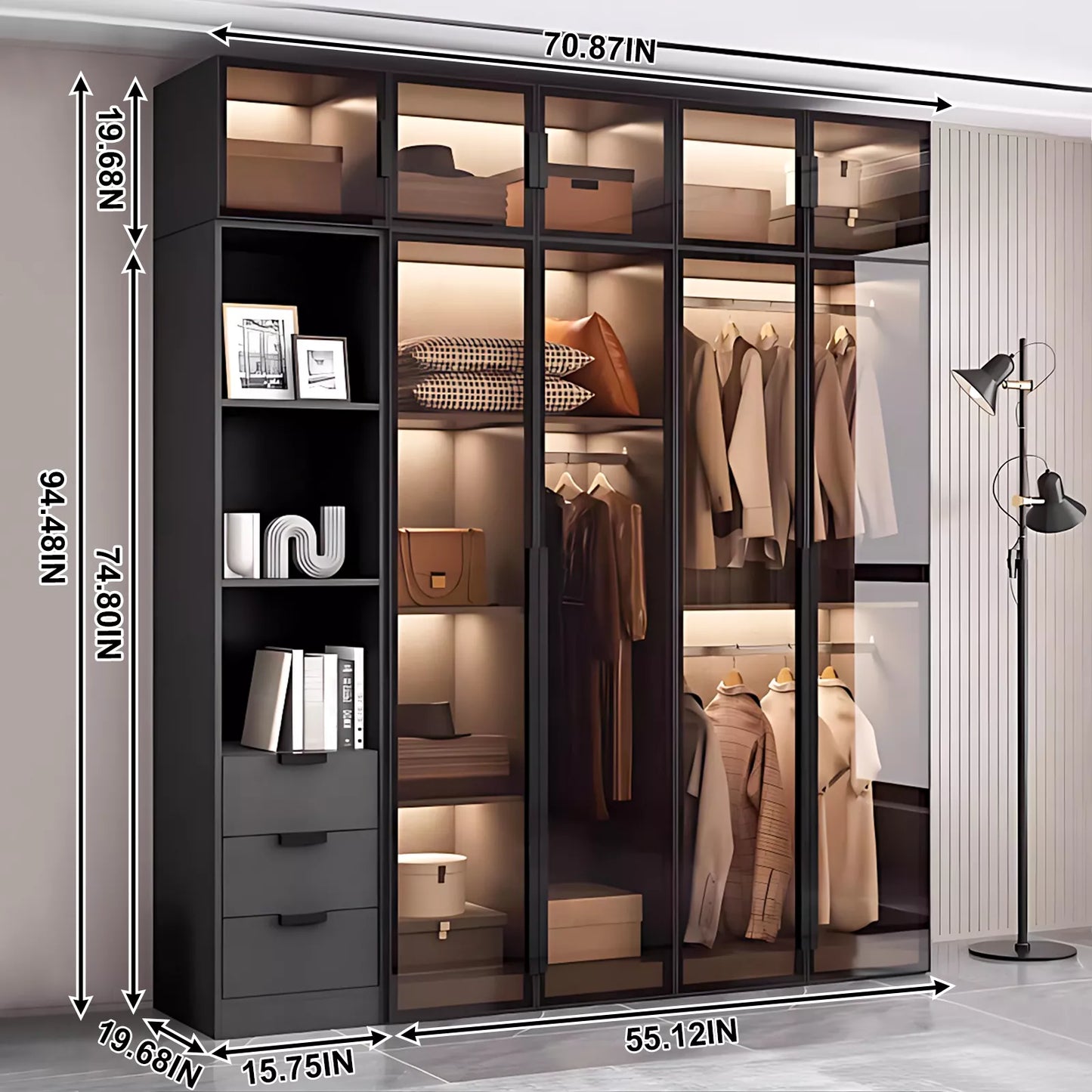 Aihm-Lon Wardrobes with Glass Doors Storage Shelves and Drawers 71"-79"