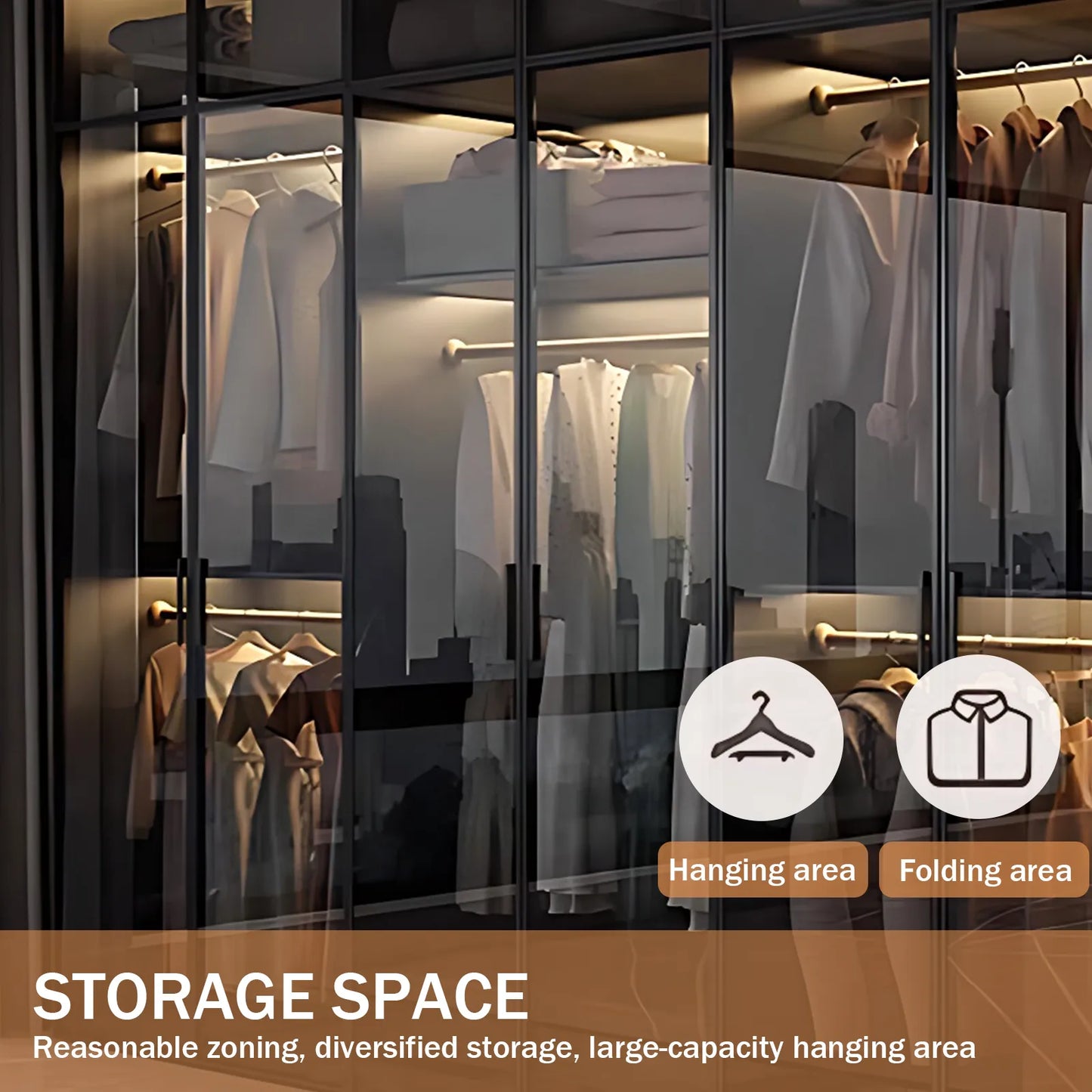 Aihm-Lon Black Wardrobes with Grey Glass Door with Storage Rack  79"-126"