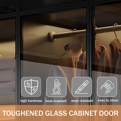 Aihm-Lon Black Wardrobes with Grey Glass Door with Storage Rack  79"-126"