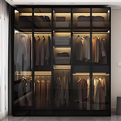 Aihm-Lon Black Wardrobes with Grey Glass Door with Storage Rack  79"-126"