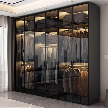 Aihm-Lon Black Wardrobes with Grey Glass Door with Storage Rack  79"-126"