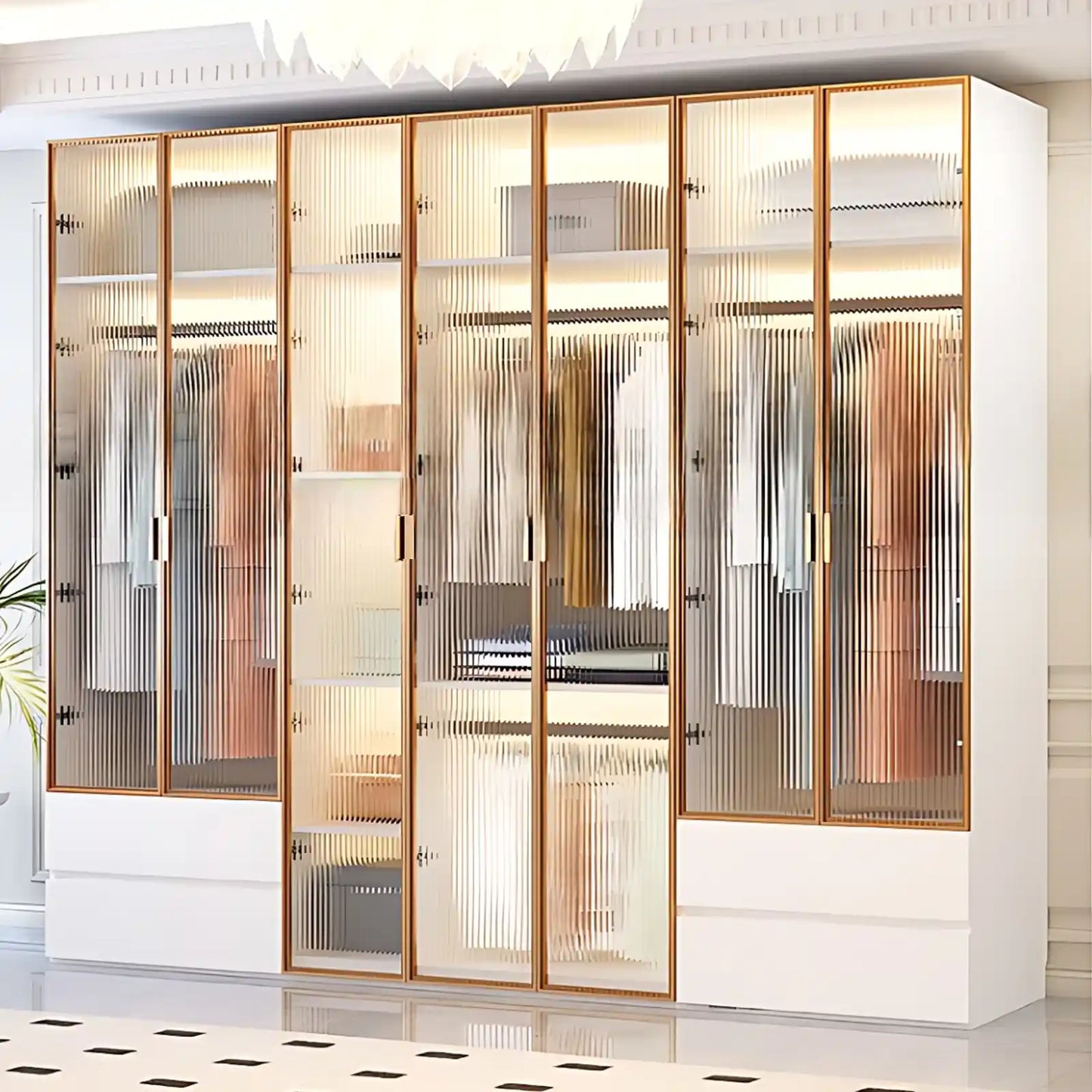 Aihm-Lon Wardrobes with Striped Glass Door Frames Large Storage Capacity  98"-110"