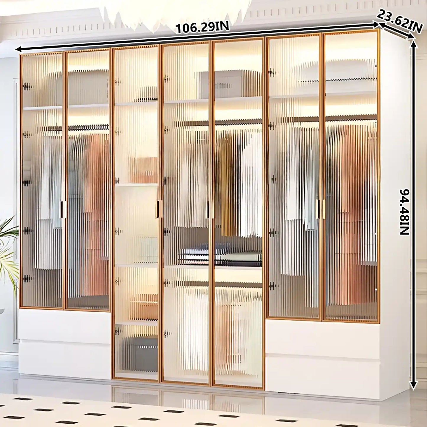 Aihm-Lon Wardrobes with Striped Glass Door Frames Large Storage Capacity  98"-110"