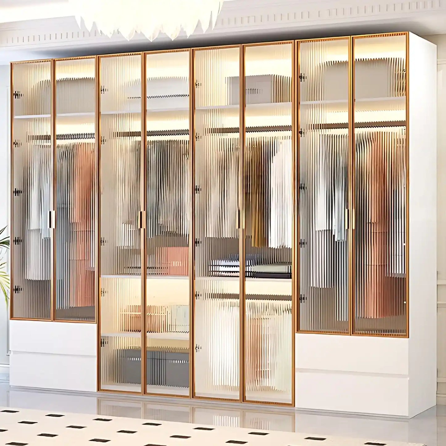 Aihm-Lon Wardrobes with Striped Glass Door Frames Large Storage Capacity  98"-110"