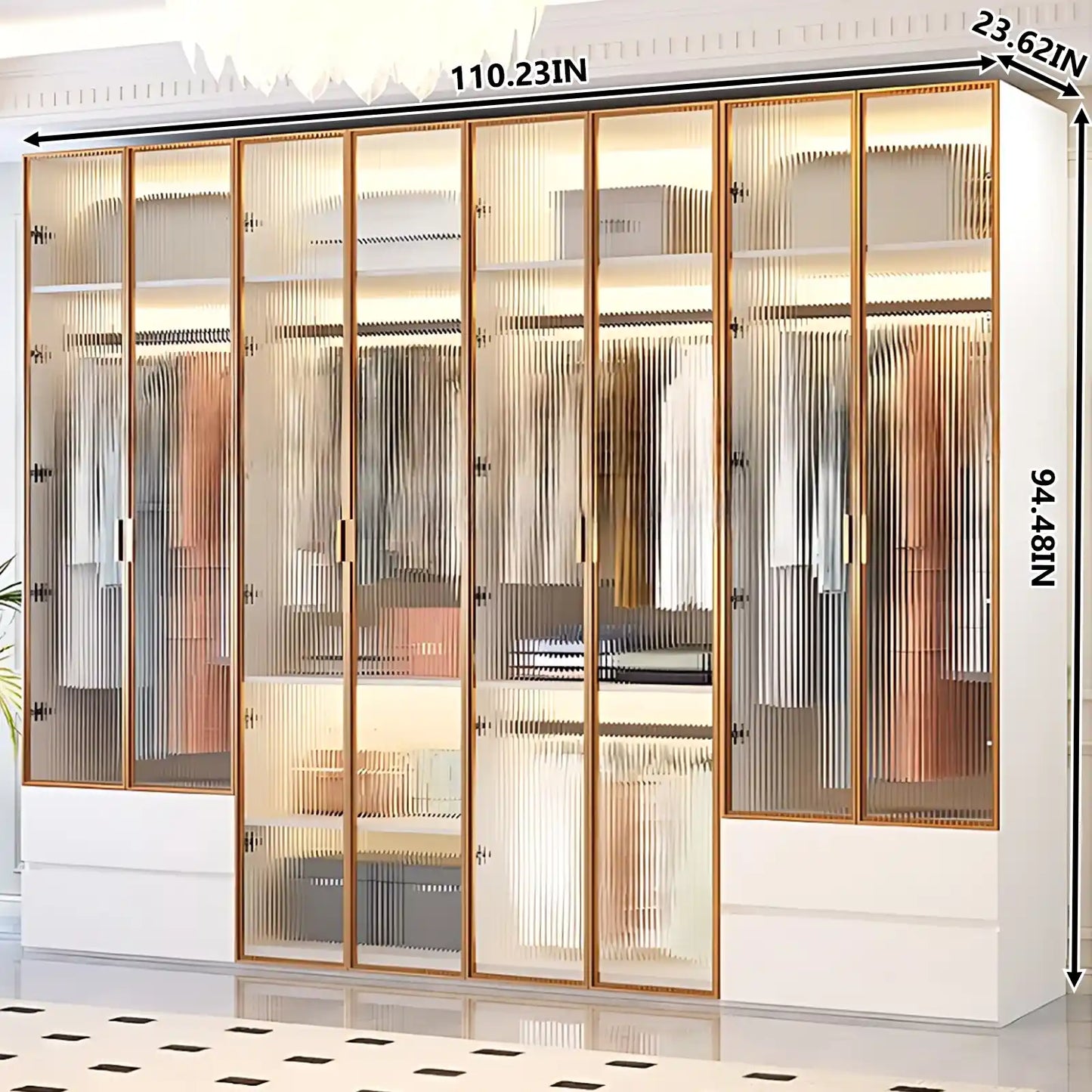 Aihm-Lon Wardrobes with Striped Glass Door Frames Large Storage Capacity  98"-110"