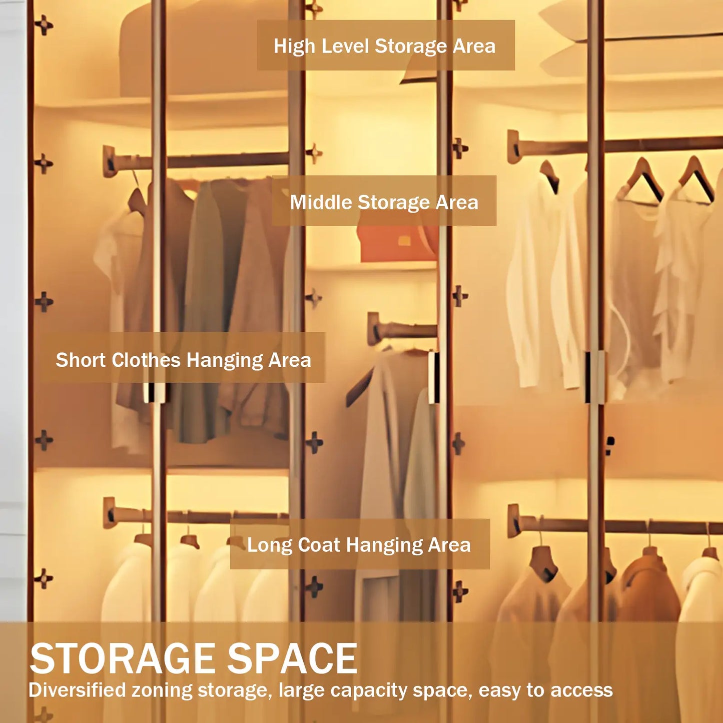 Aihm-Lon Wardrobe with Transparent Glass Doors and Divided Storage Compartments 75"-95"