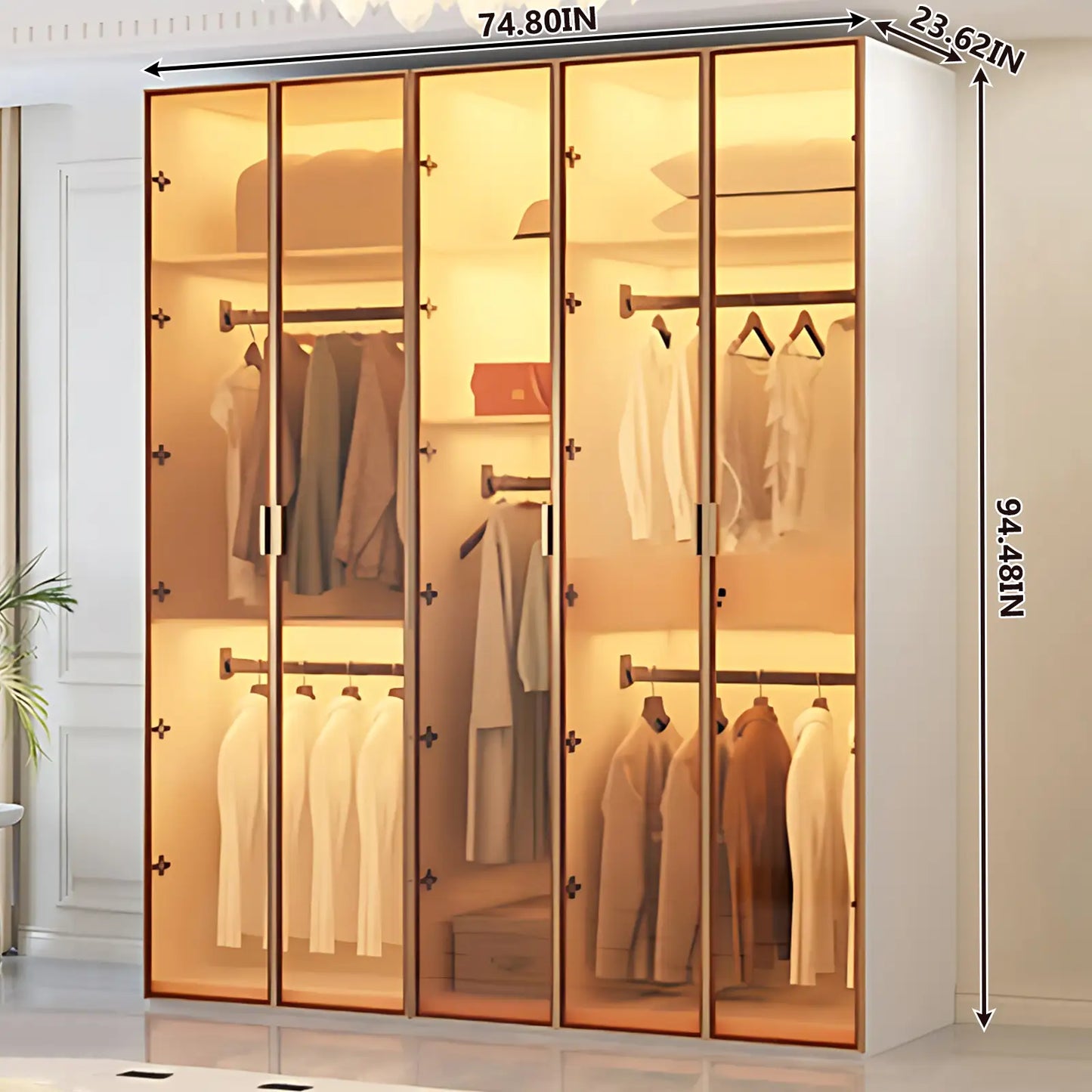 Aihm-Lon Wardrobe with Transparent Glass Doors and Divided Storage Compartments 75"-95"